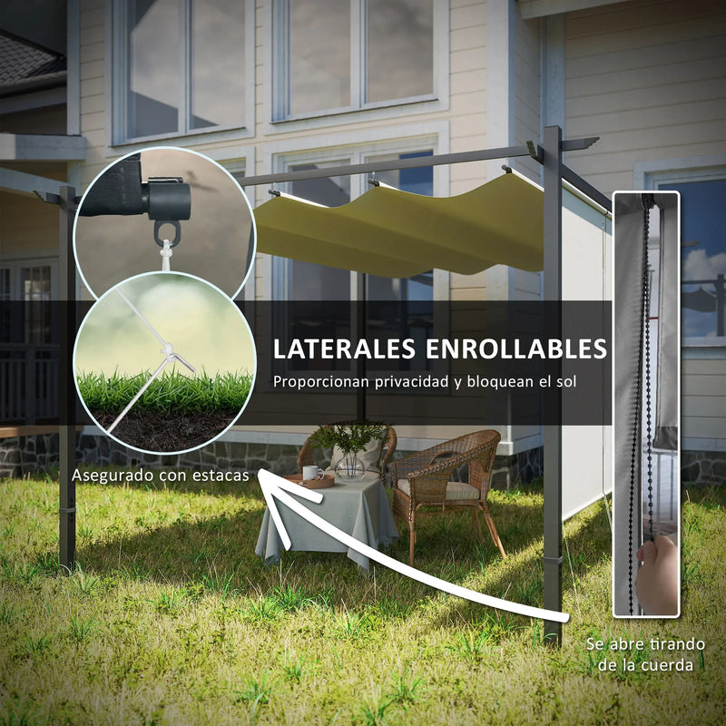 Pérgola Outsunny 4x3 m con techo retráctil y cortinas laterales enrollables – Gris