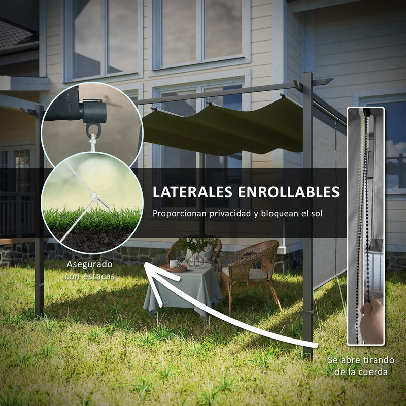 Pérgola Outsunny 4x3 m con techo retráctil y cortinas laterales enrollables – Gris